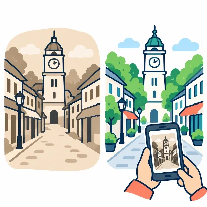 街の今と昔を見比べながら歩く企画のイラスト